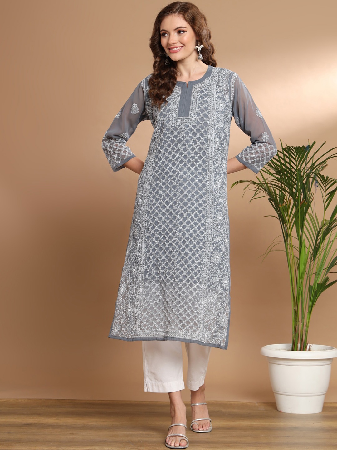 

Ethnava Ethnic Motifs Embroidered Chikankari Straight Kurta, Grey