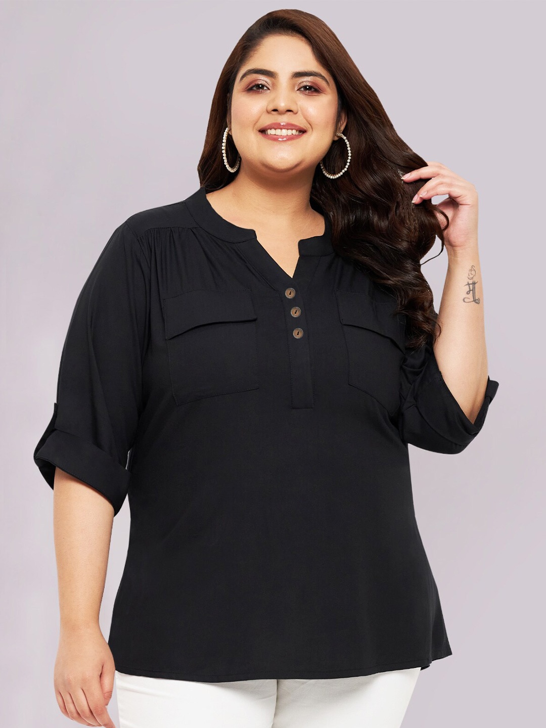 

wild U Plus Size Mandarin Collar Roll-Up Sleeves Top, Black