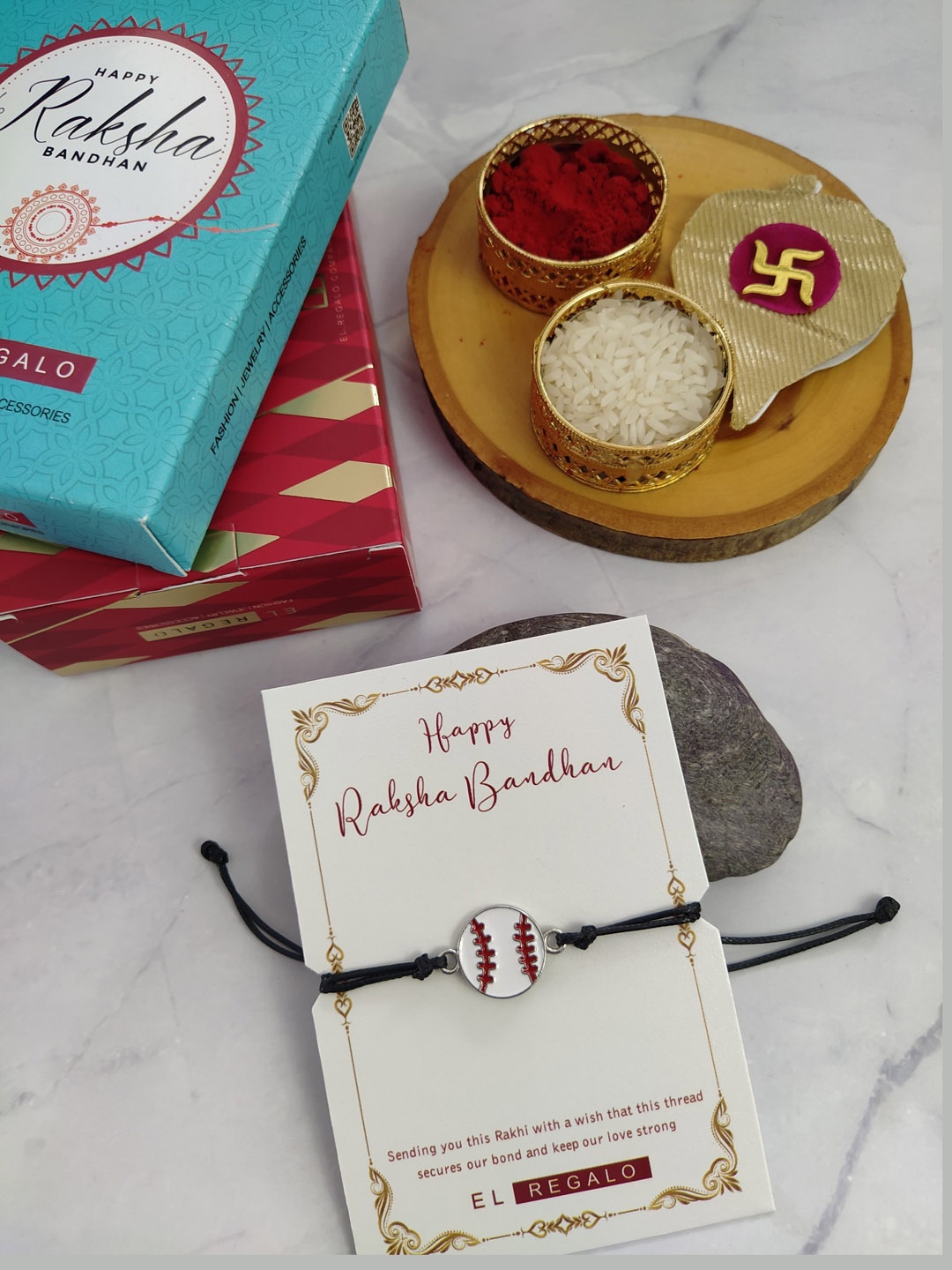 

EL REGALO Men Ball Charm Rakhi With Roli Chawal, Black