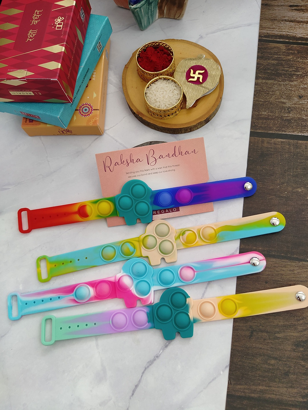 

EL REGALO Pack Of 4 Kids Patterned Rakhi With Roli Chawal, Green