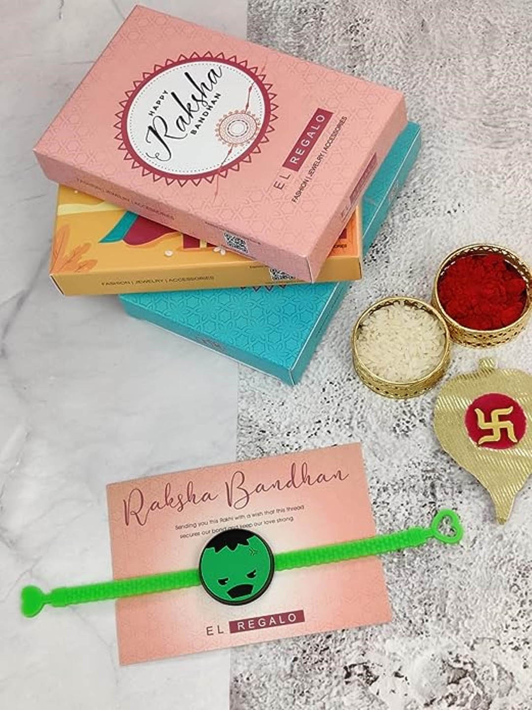 

EL REGALO Patterned Rakhi With Roli Chawal, Green