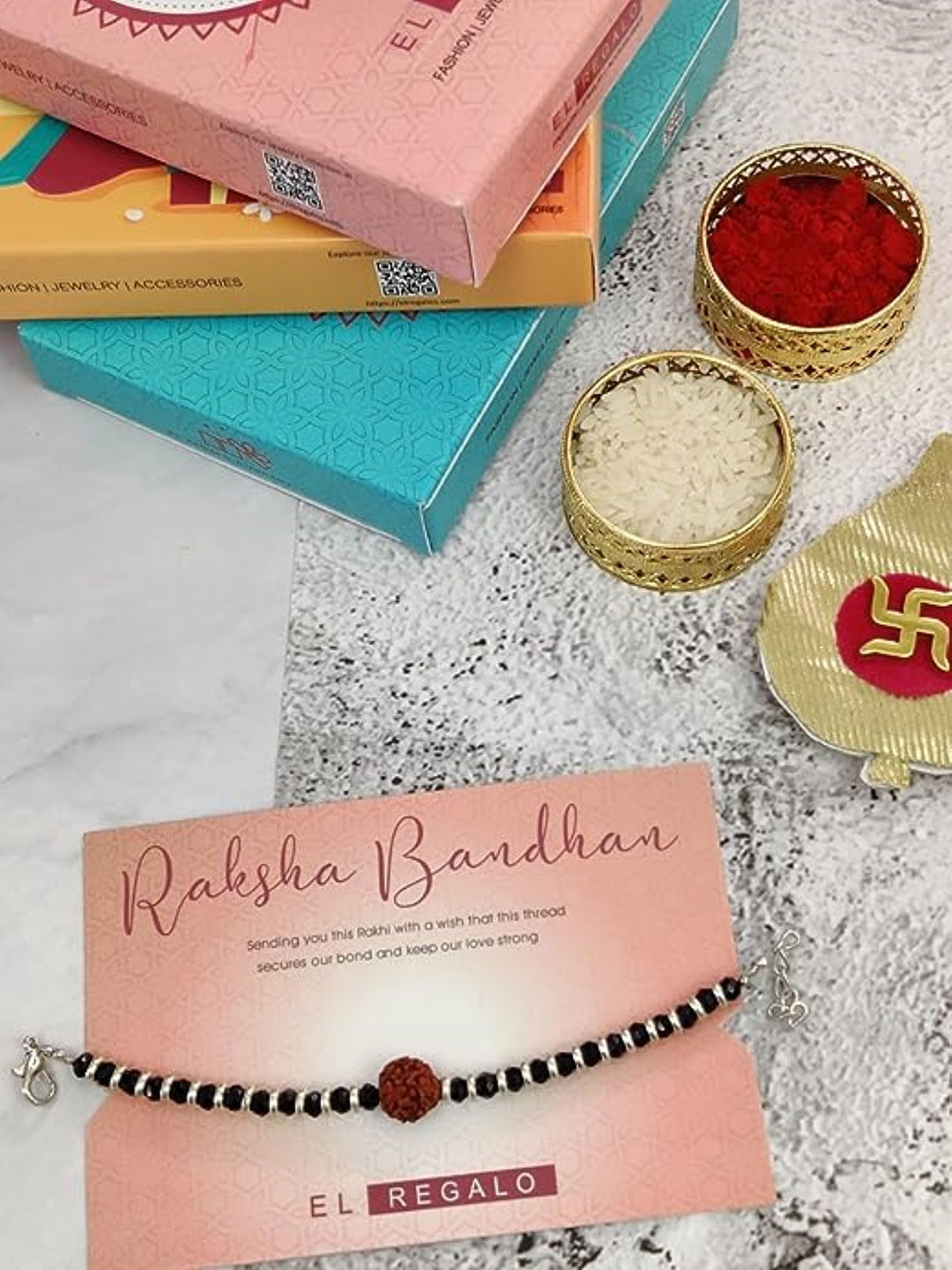 

EL REGALO Boys Rudraksha Charm Rakhi With Roli Chawal, Silver