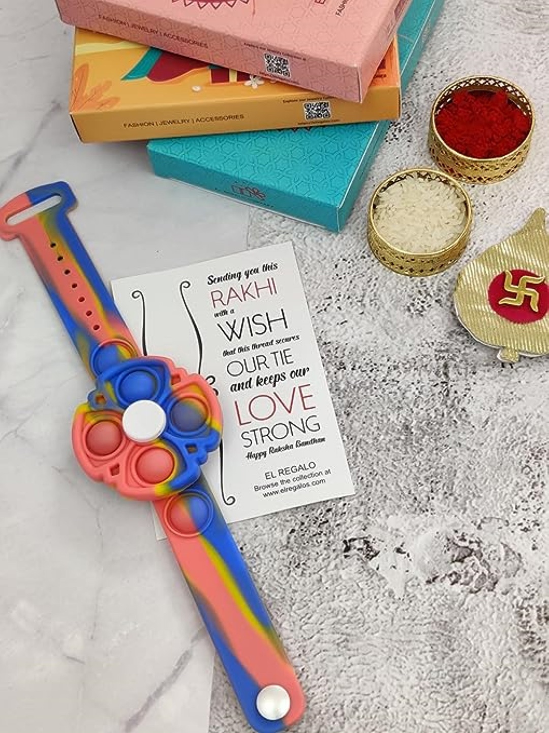 

EL REGALO Boys Patterned Wrapround Rakhi With Roli Chawal, Orange