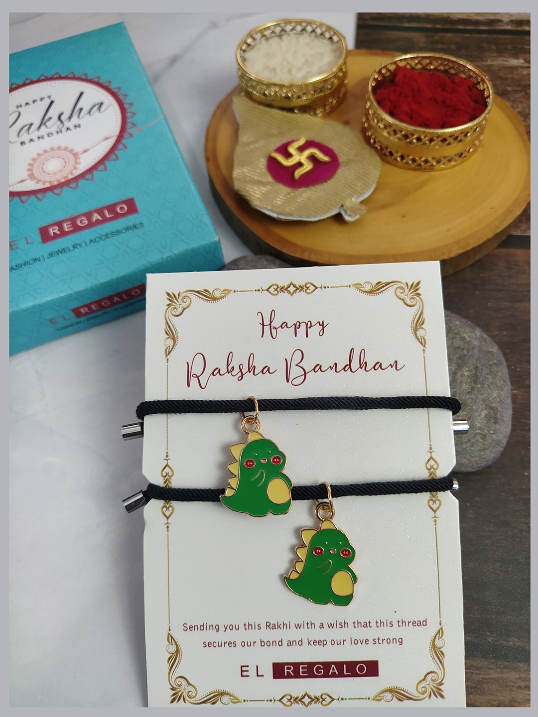 

EL REGALO Bhaiya Bhabhi Set Of 2 Patterned Rakhi Combo With Roli Chawal, Green