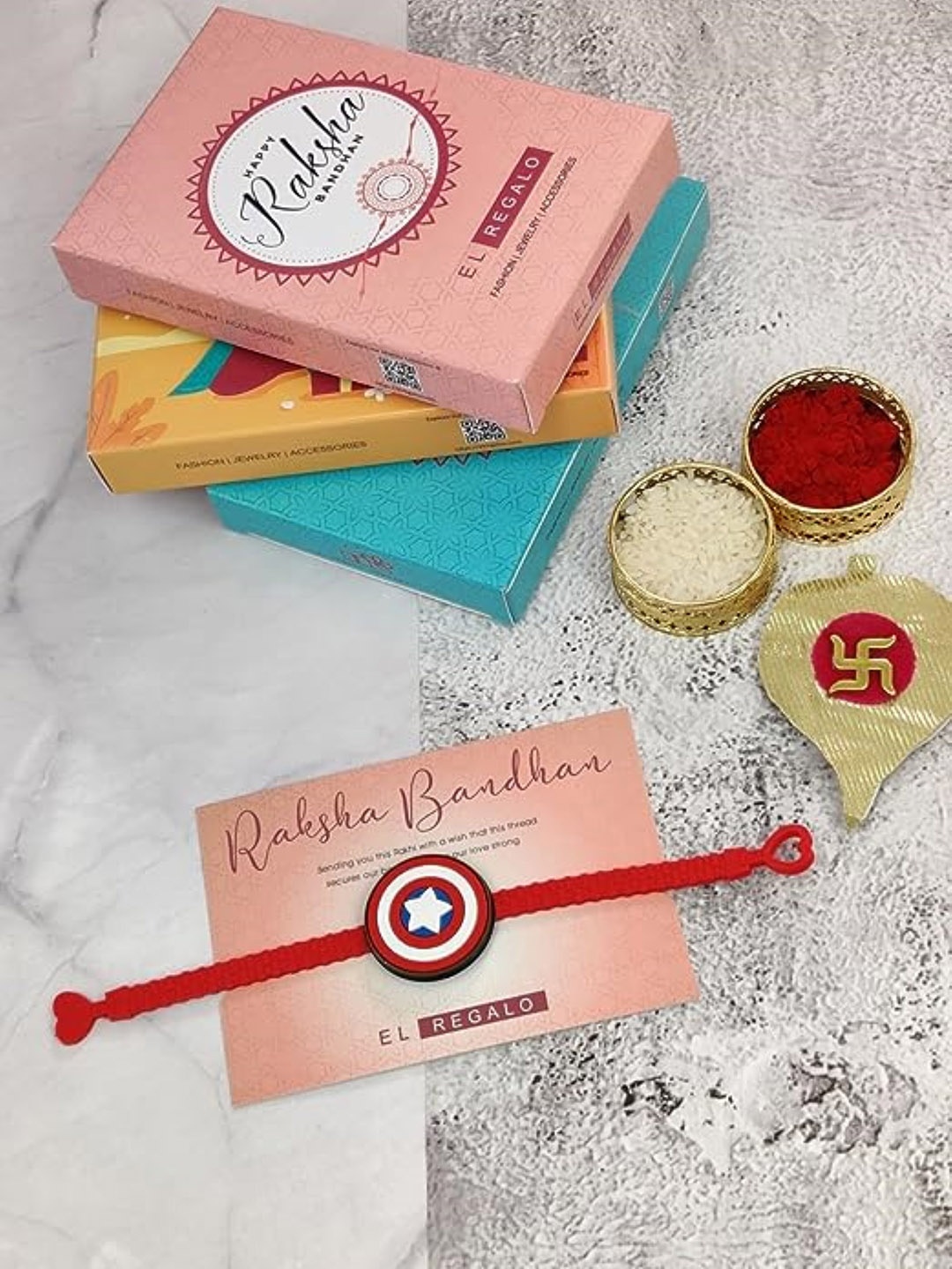 

EL REGALO Boys Patterned Rakhi With Roli Chawal, Red