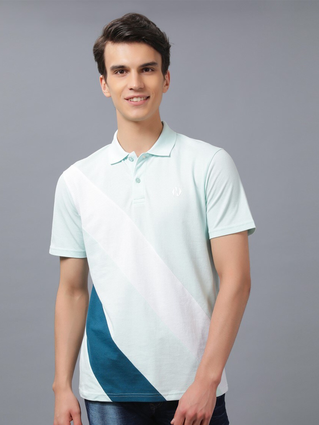 

Nimble Polo Collar Colourblocked Pure Cotton T-shirt, Blue