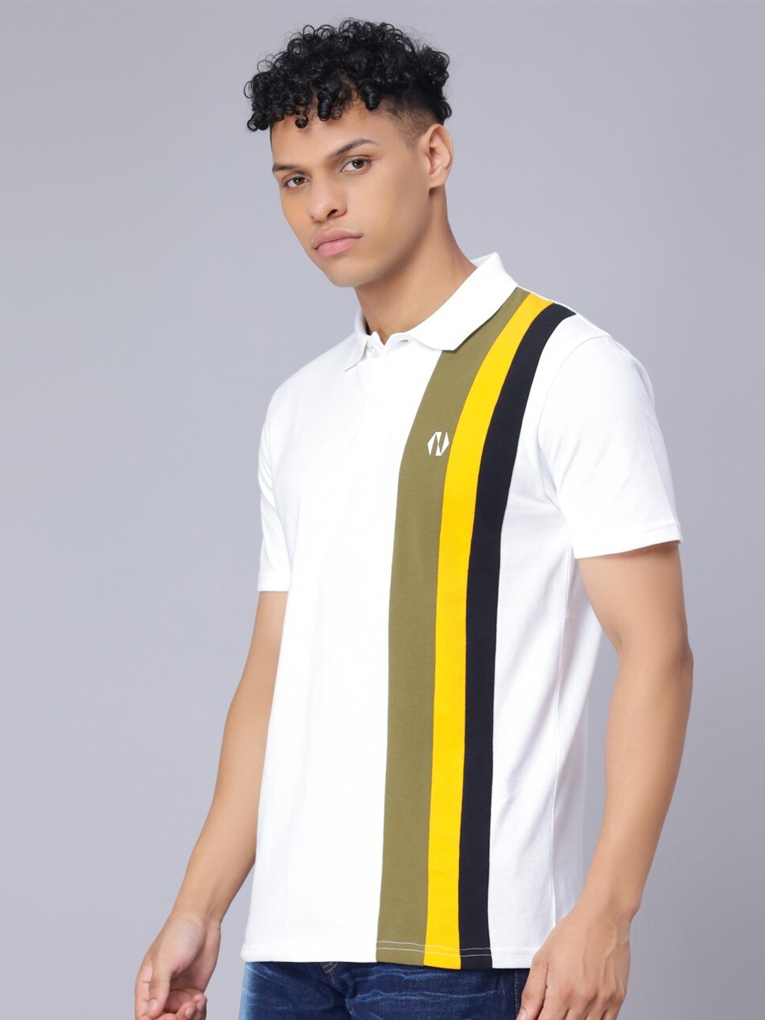 

Nimble Polo Collar Striped Pure Cotton T-shirt, White