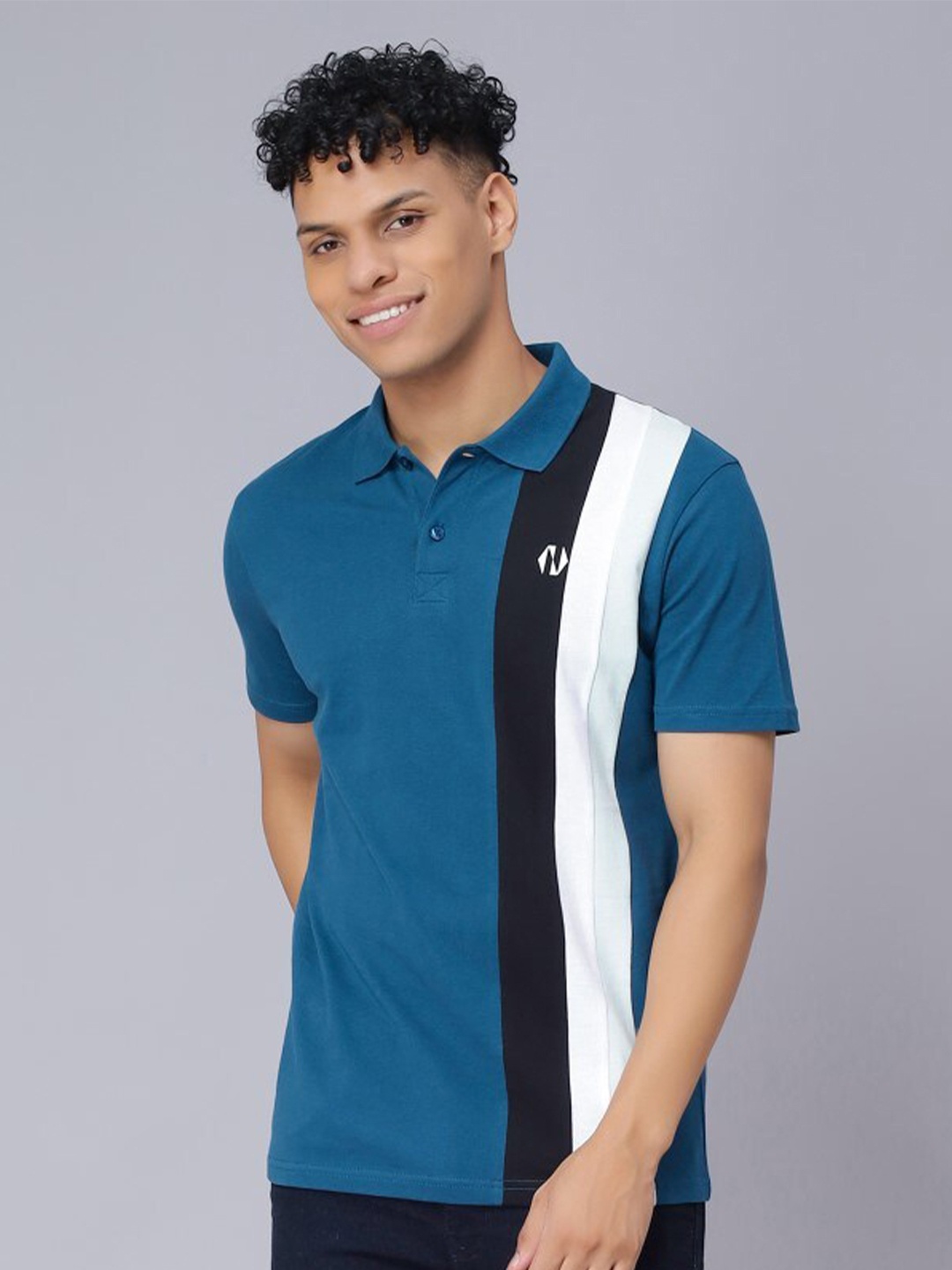 

Nimble Polo Collar Striped Pure Cotton T-shirt, Blue