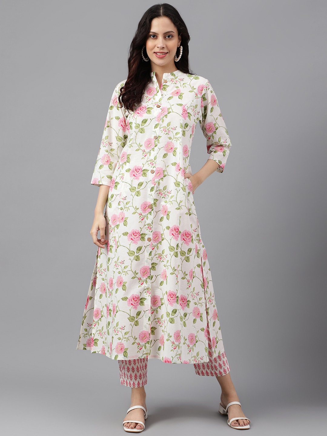 SAABHI Floral Printed Mandarin Collar Pure Cotton Straight Kurta, White