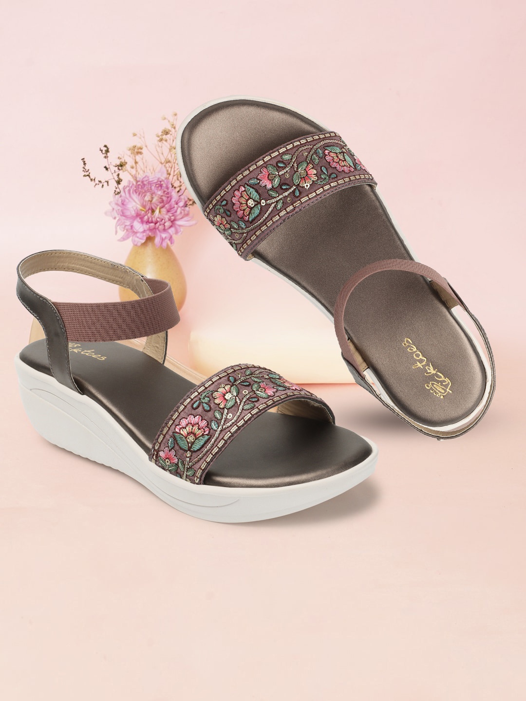 

Picktoes Embroidered Open Toe Flats With Ankle Loop, Copper