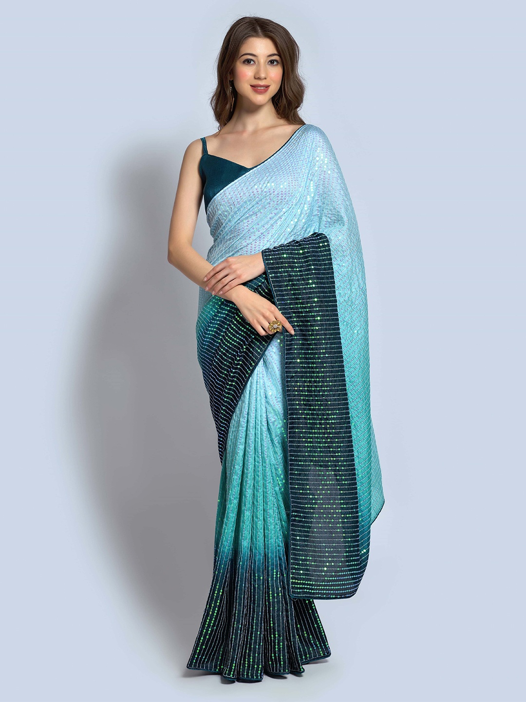 

Globon Impex Ombre Sequinned Saree, Teal