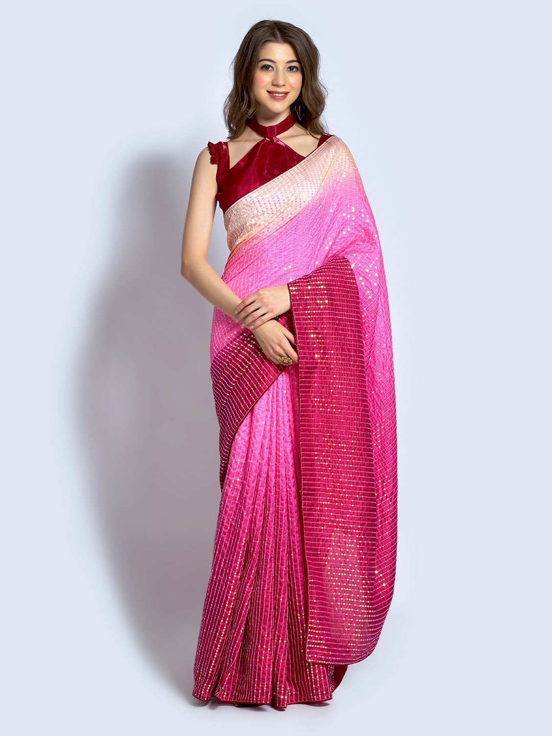 

Globon Impex Ombre Sequinned Saree, Pink