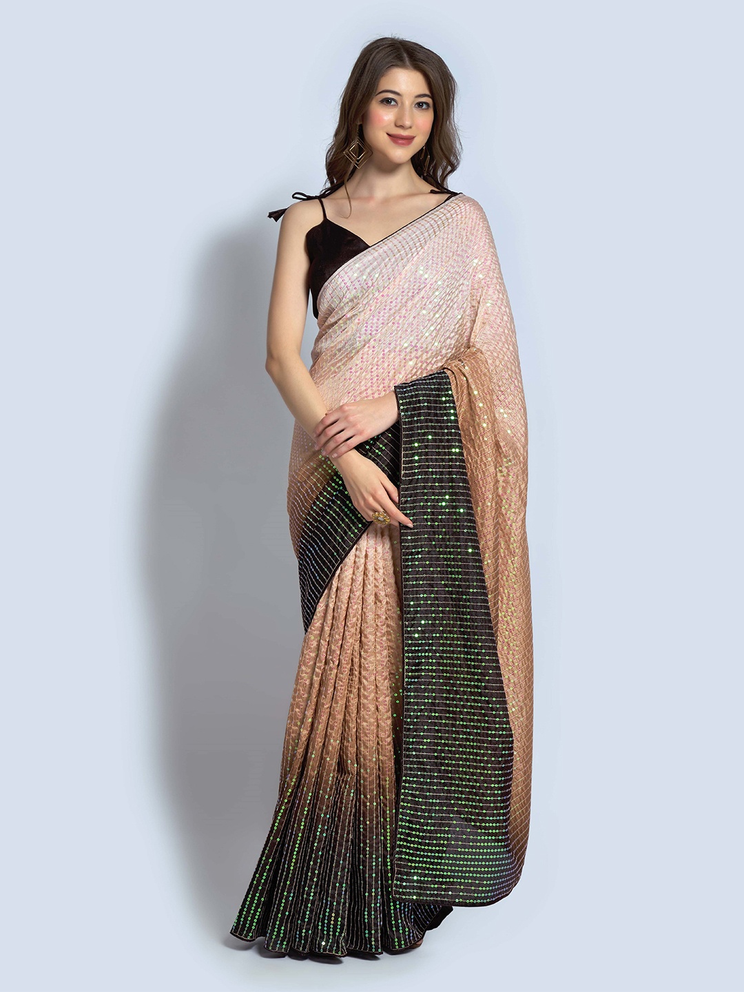 

Globon Impex Ombre Sequinned Saree, Brown