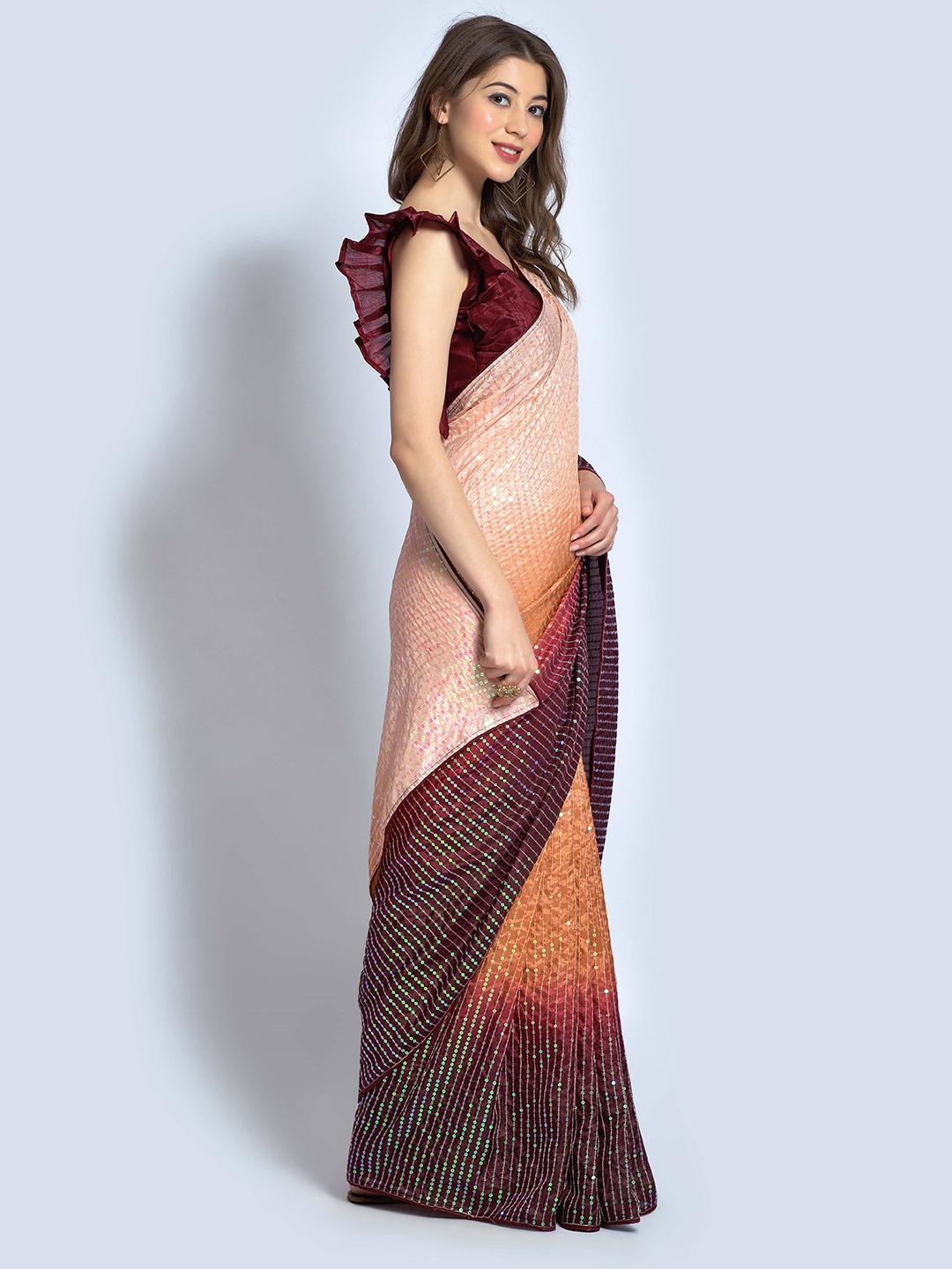

Globon Impex Ombre Sequinned Saree, Maroon