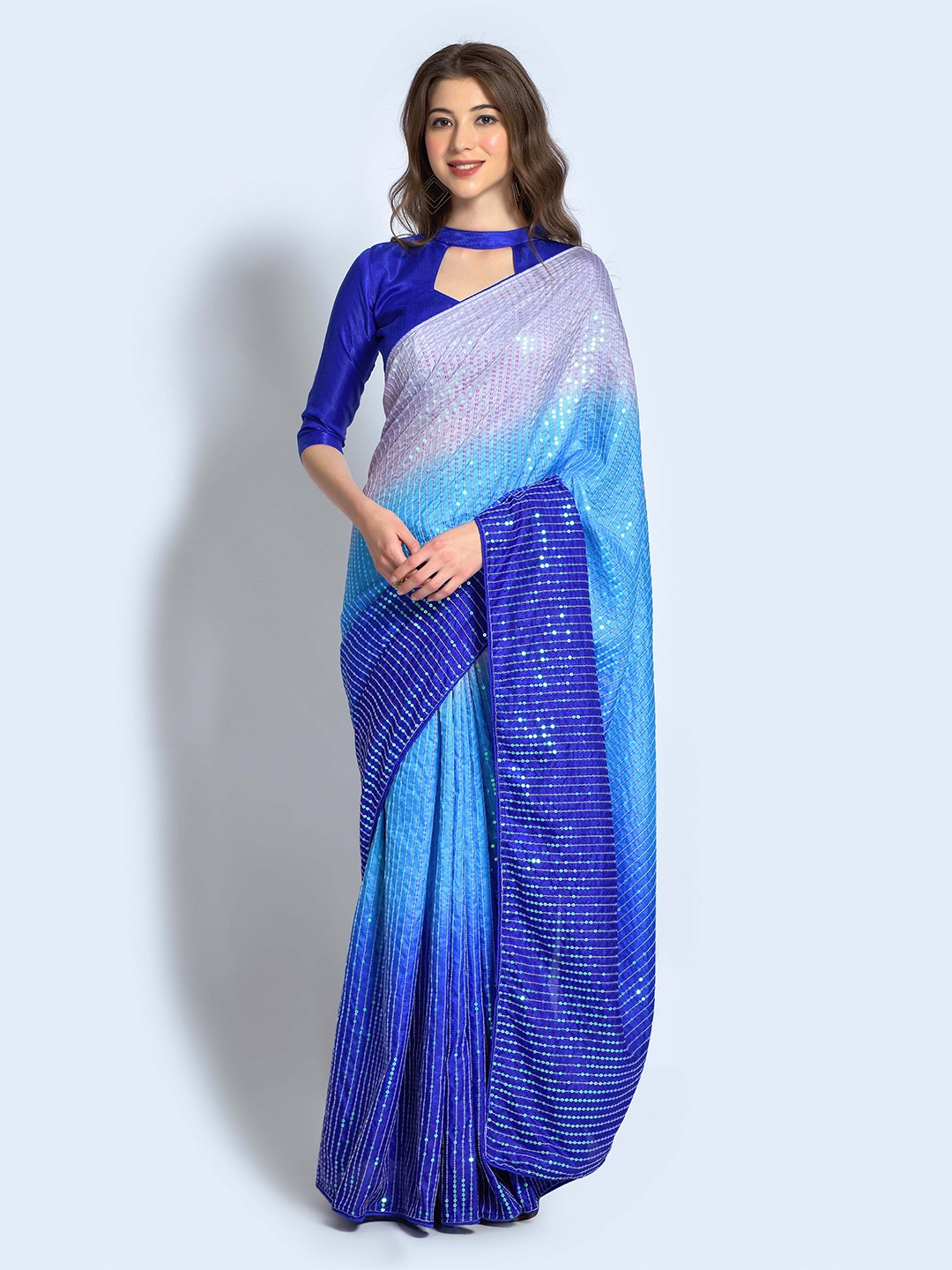 

Globon Impex Ombre Sequinned Saree, Blue