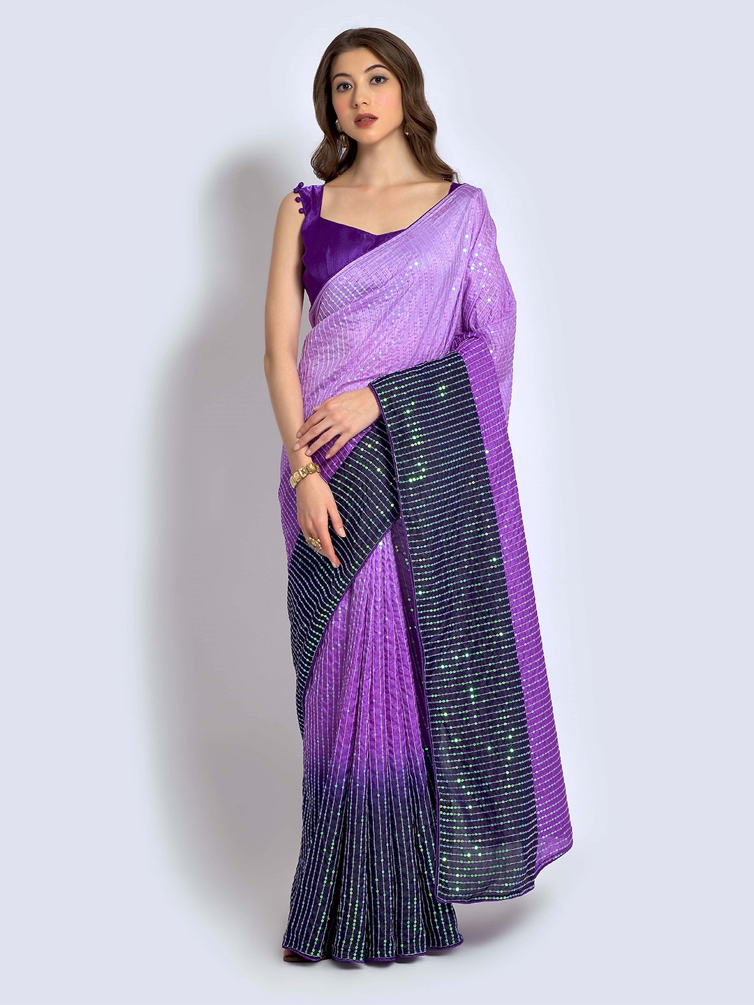 

Globon Impex Ombre Sequinned Saree, Purple