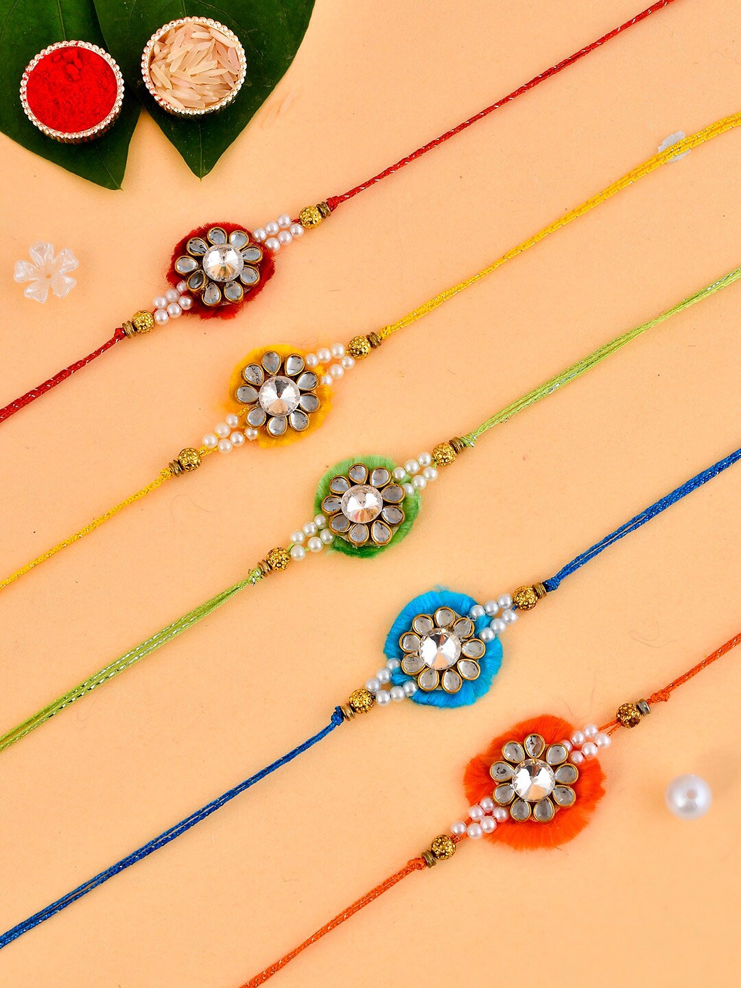 

Aapno Rajasthan Set Of 5 Rakhis With Roli Chawal, Red