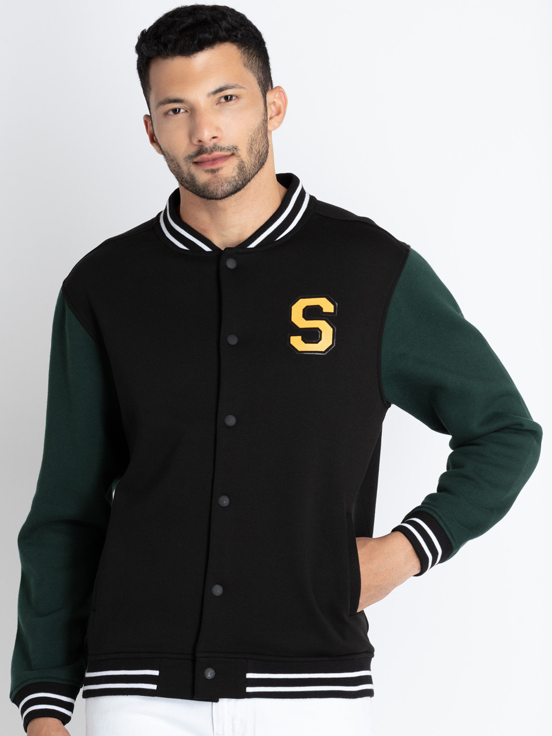 

Status Quo Stand Collar Lightweight Cotton Varsity Jacket, Black