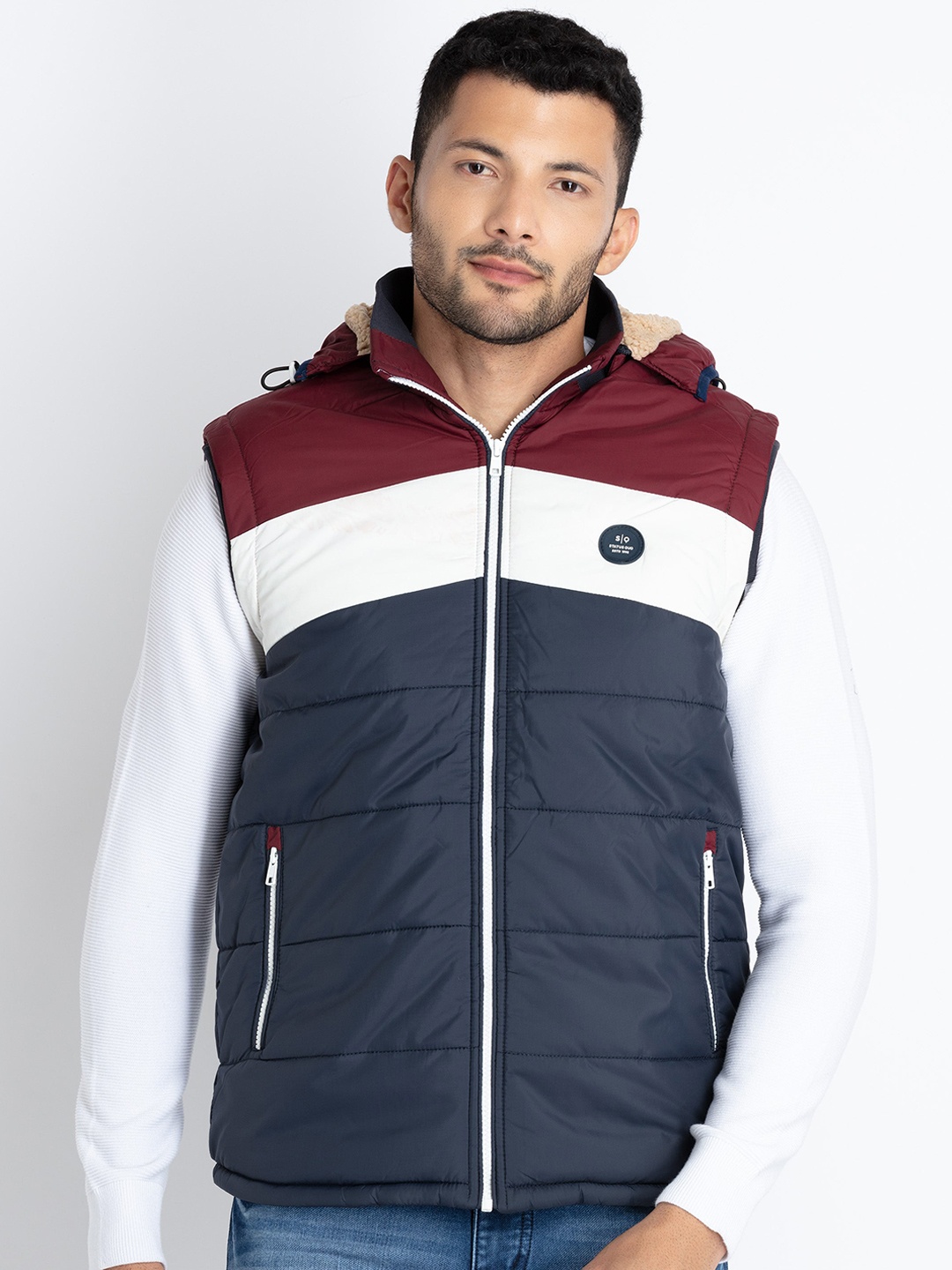 

Status Quo Colourblocked Hooded Padded Jacket, Maroon