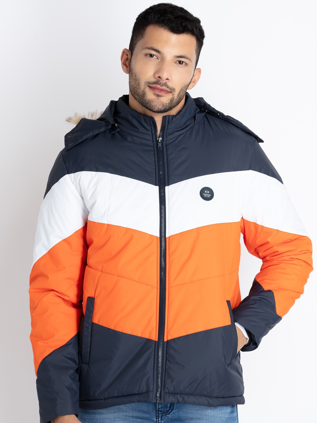 

Status Quo Colourblocked Hooded Puffer Jacket, Navy blue