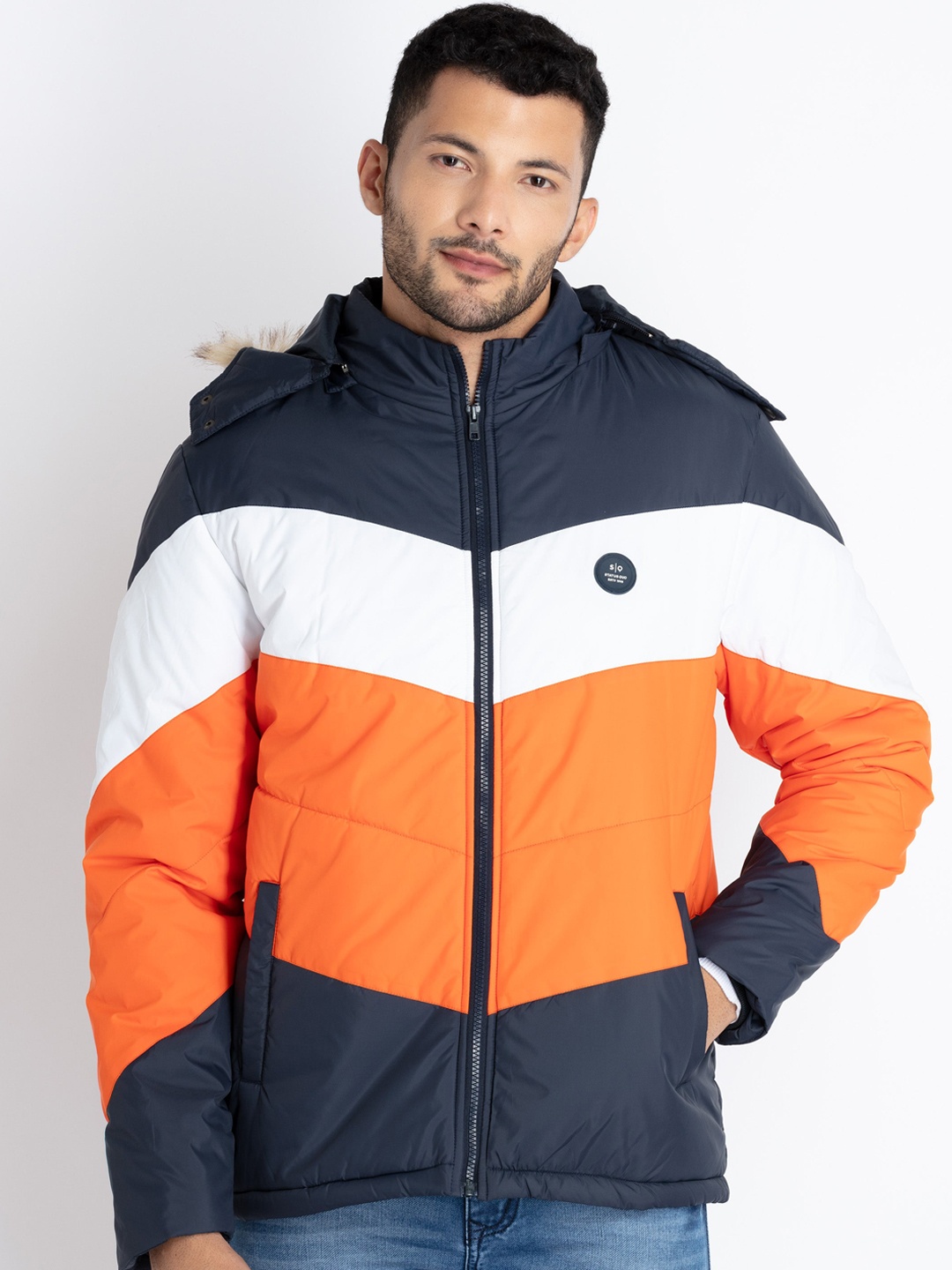 

Status Quo Colourblocked Faux Fur Trim Hooded Puffer Jacket, Navy blue