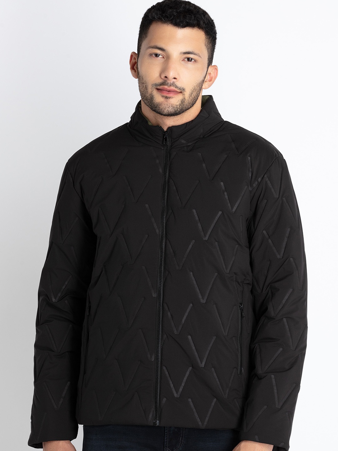 

Status Quo Geometric Printed Stand Collar Quilted Jacket, Black