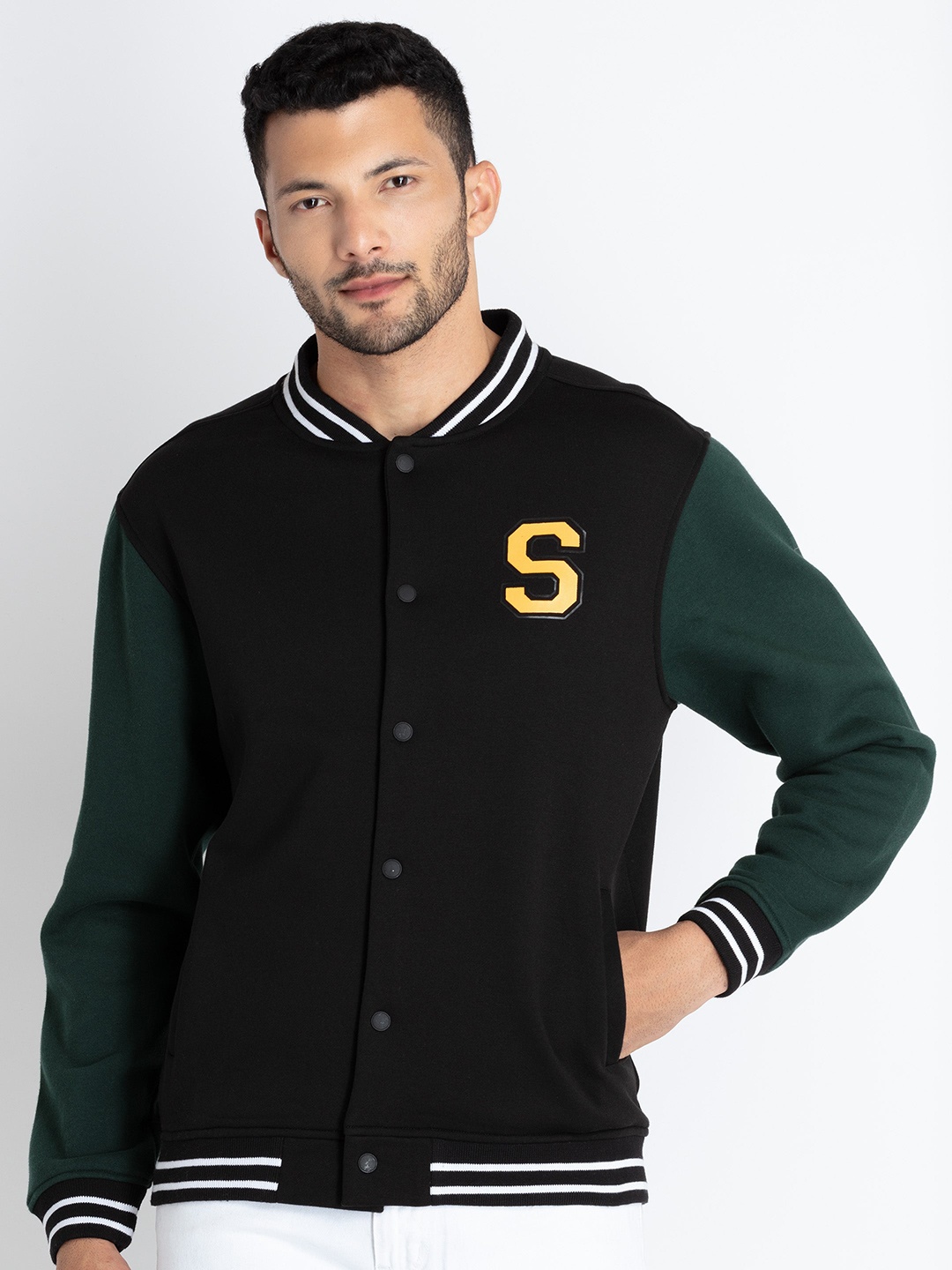 

Status Quo Lightweight Stand Collar Cotton Varsity Jacket, Black