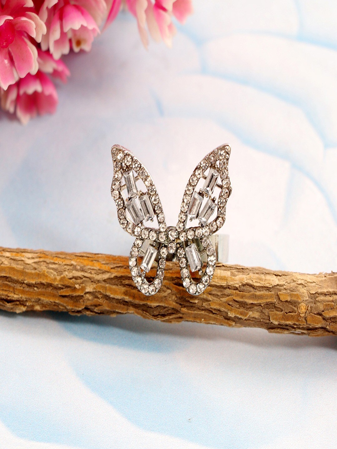 

UNIVERSITY TRENDZ Silver-Plated Crystal-Studded Adjustable Finger Ring