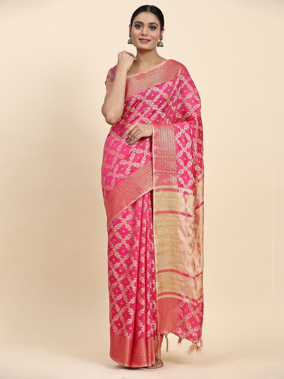 

Ratan Creation Ethnic Motifs Woven Design Zari Organza Kanjeevaram Saree, Pink