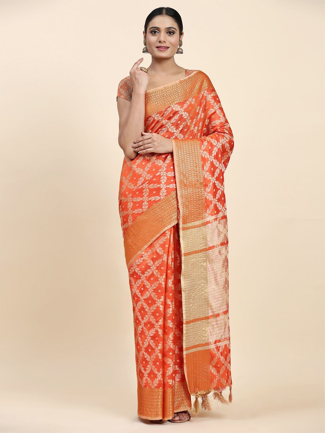 

Ratan Creation Ethnic Motifs Woven Design Zari Organza Kanjeevaram Saree, Red