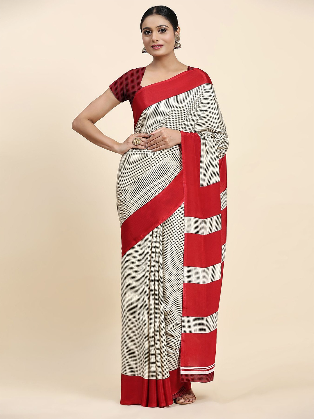

Ratan Creation Polka Dot Printed Saree, White