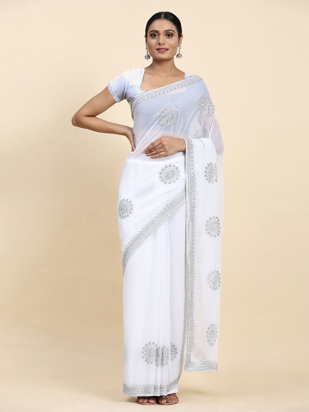 

Ratan Creation Embellished Sequinned Pure Georgette Saree, White