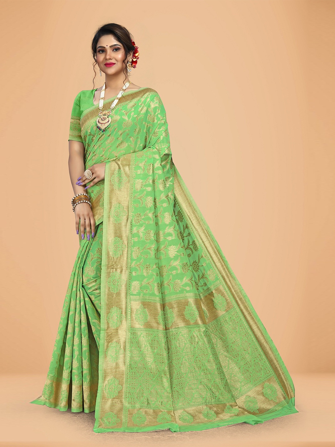 

Rivana Floral Woven Design Zari Saree, Lime green