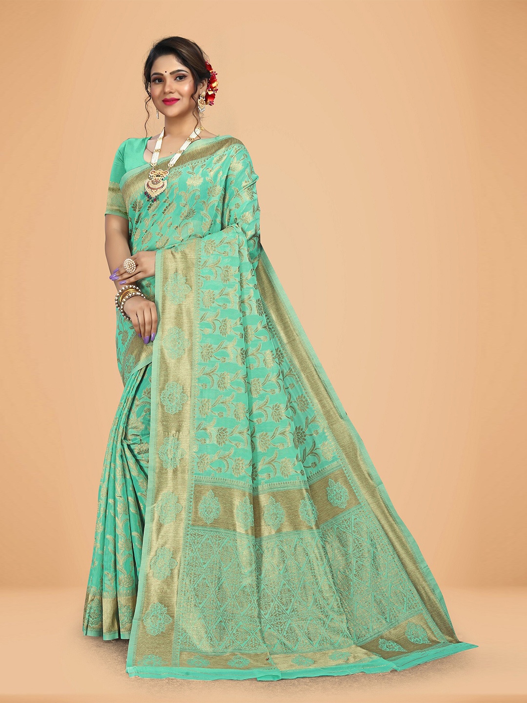 

Rivana Floral Woven Design Zari Saree, Teal