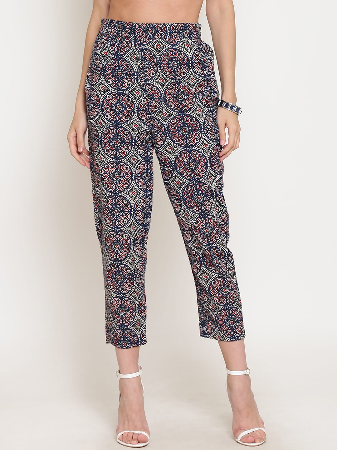 

Sera Navy Blue Ethnic Motifs Printed Cotton Cigarette Trousers