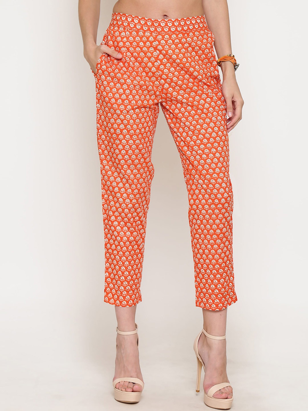 

Sera Orange Ethnic Motifs Printed Straight Fit Pleated Trousers