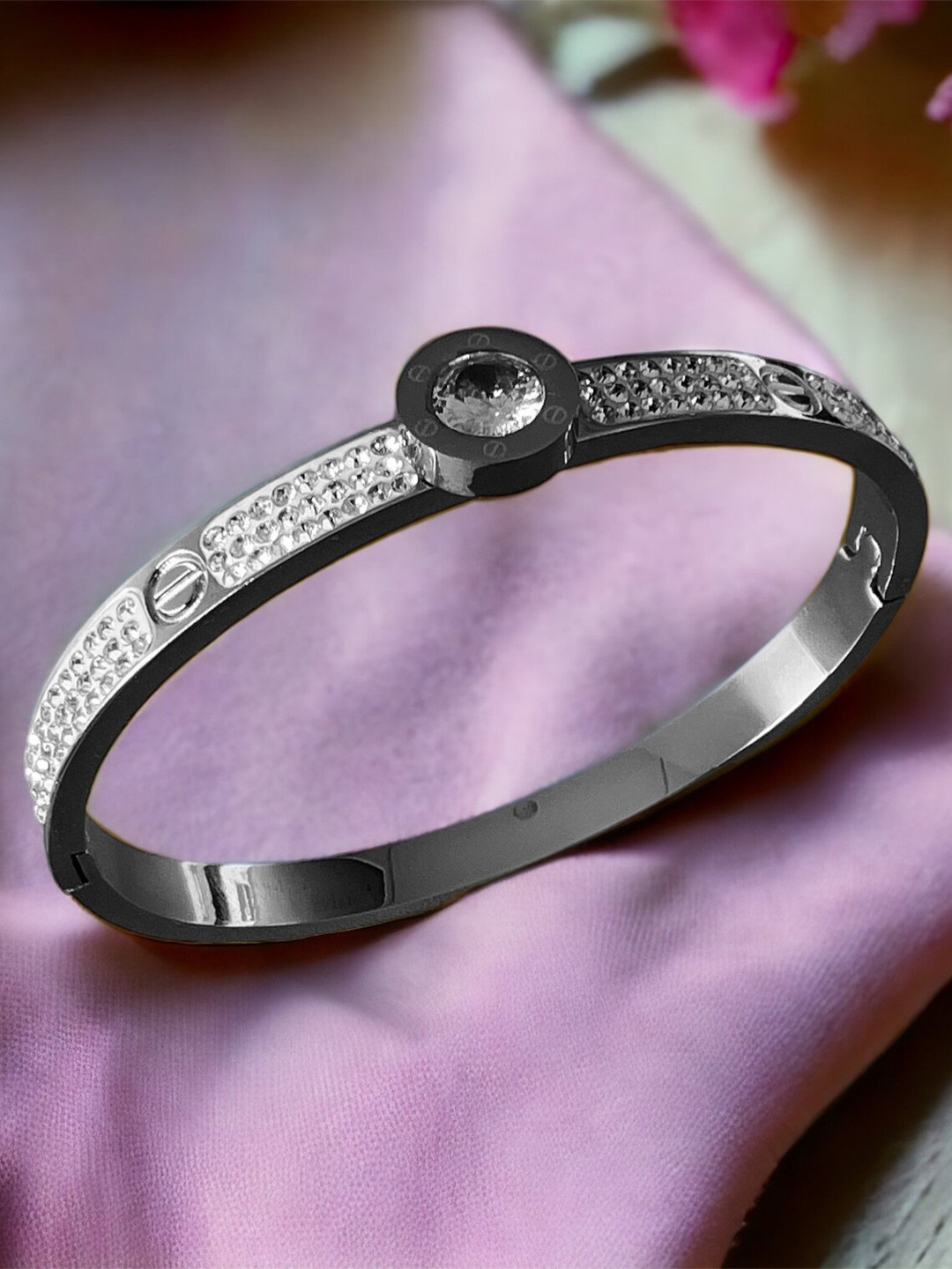 

MYKI Silver-Toned Cubic Zirconia Silver-Plated Kada Bracelet