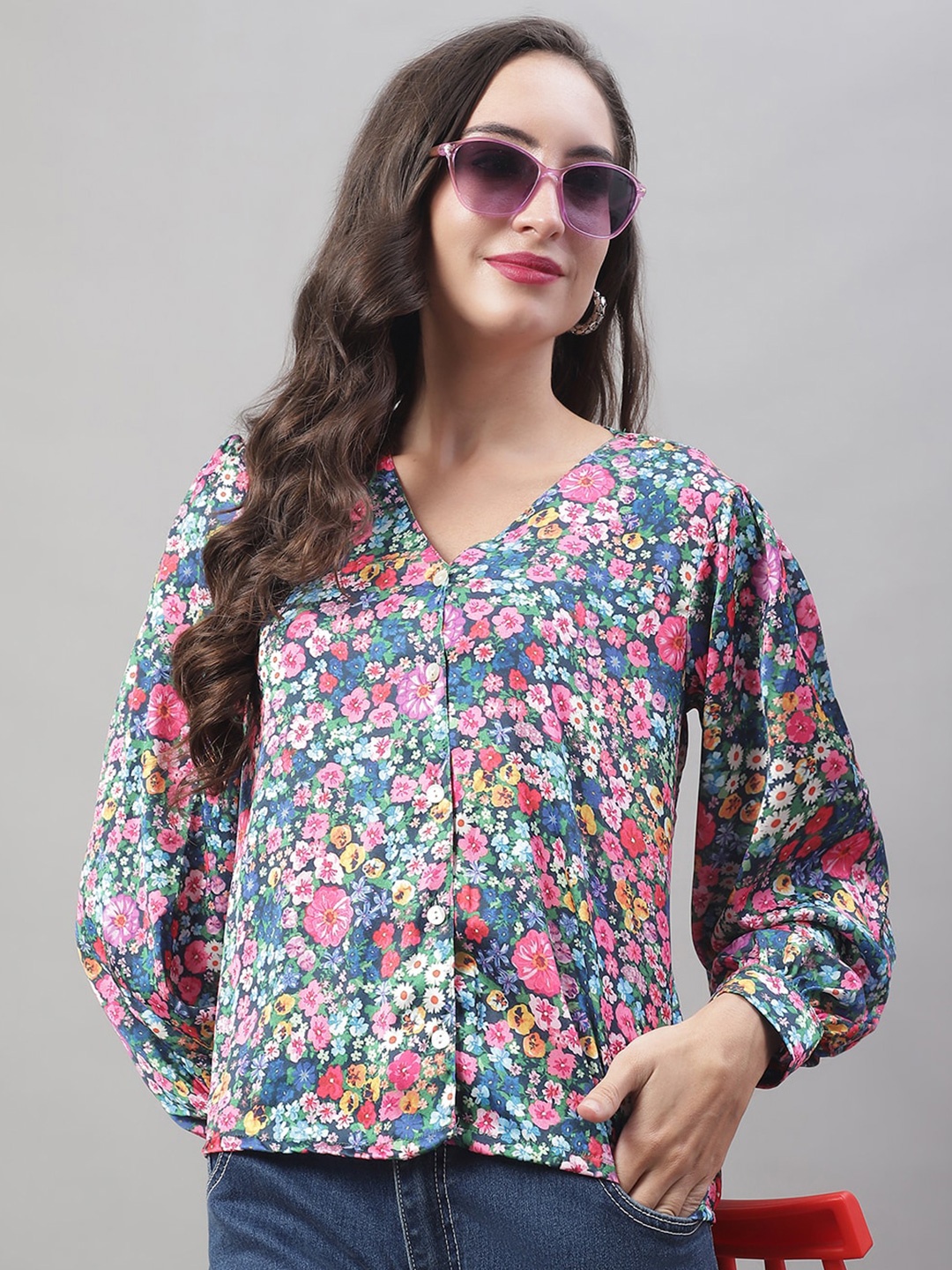 

JAINISH Floral Printed Cuffed Sleeves Pure Satin Regular Top, Blue