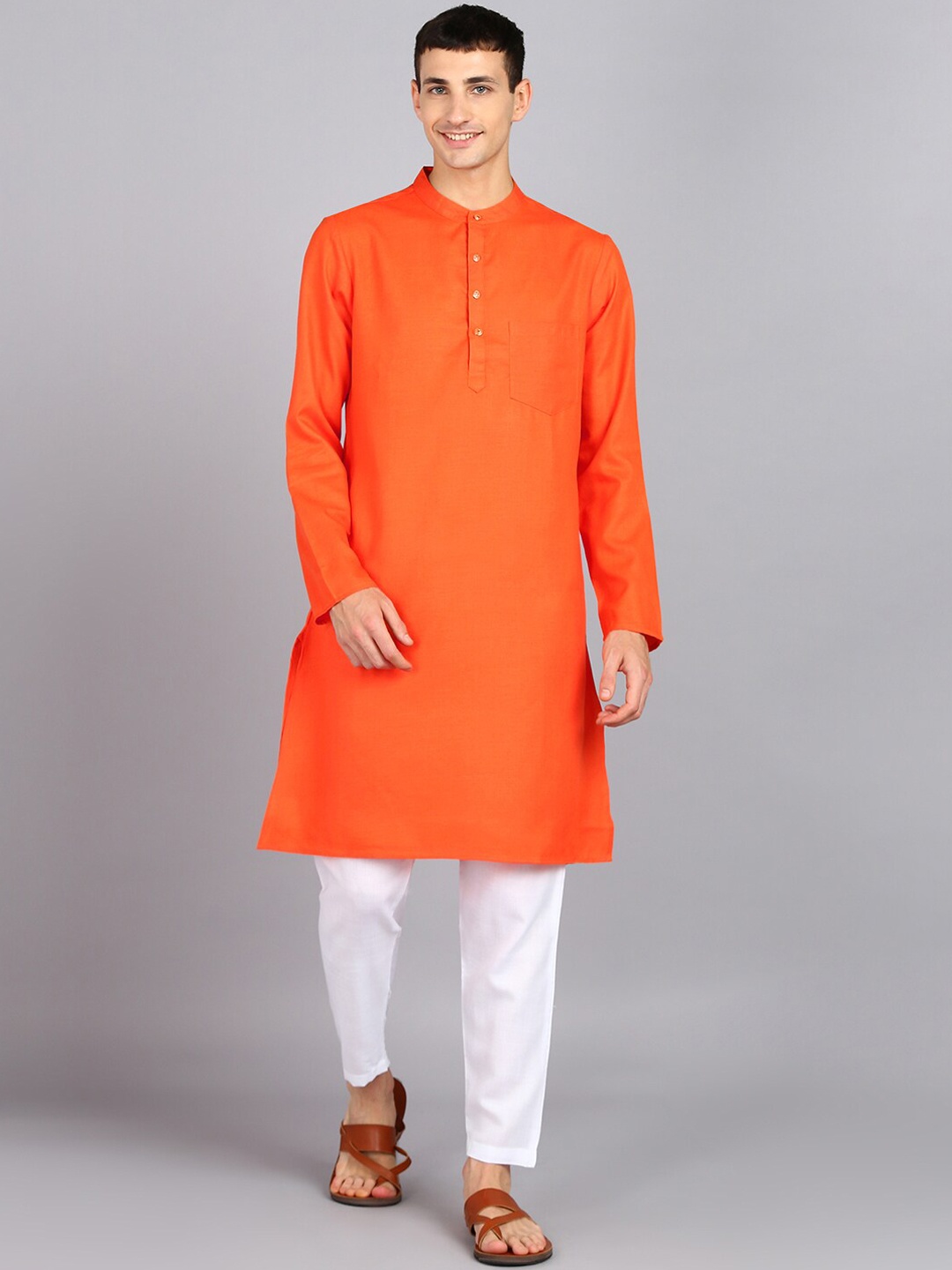 

HERE&NOW Mandarin Collar Straight Kurta with Trousers, Orange