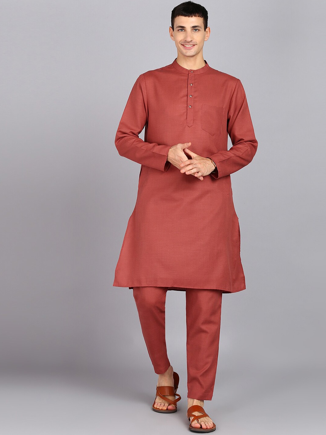 

HERE&NOW Mandarin Collar Straight Kurta with Trousers, Peach