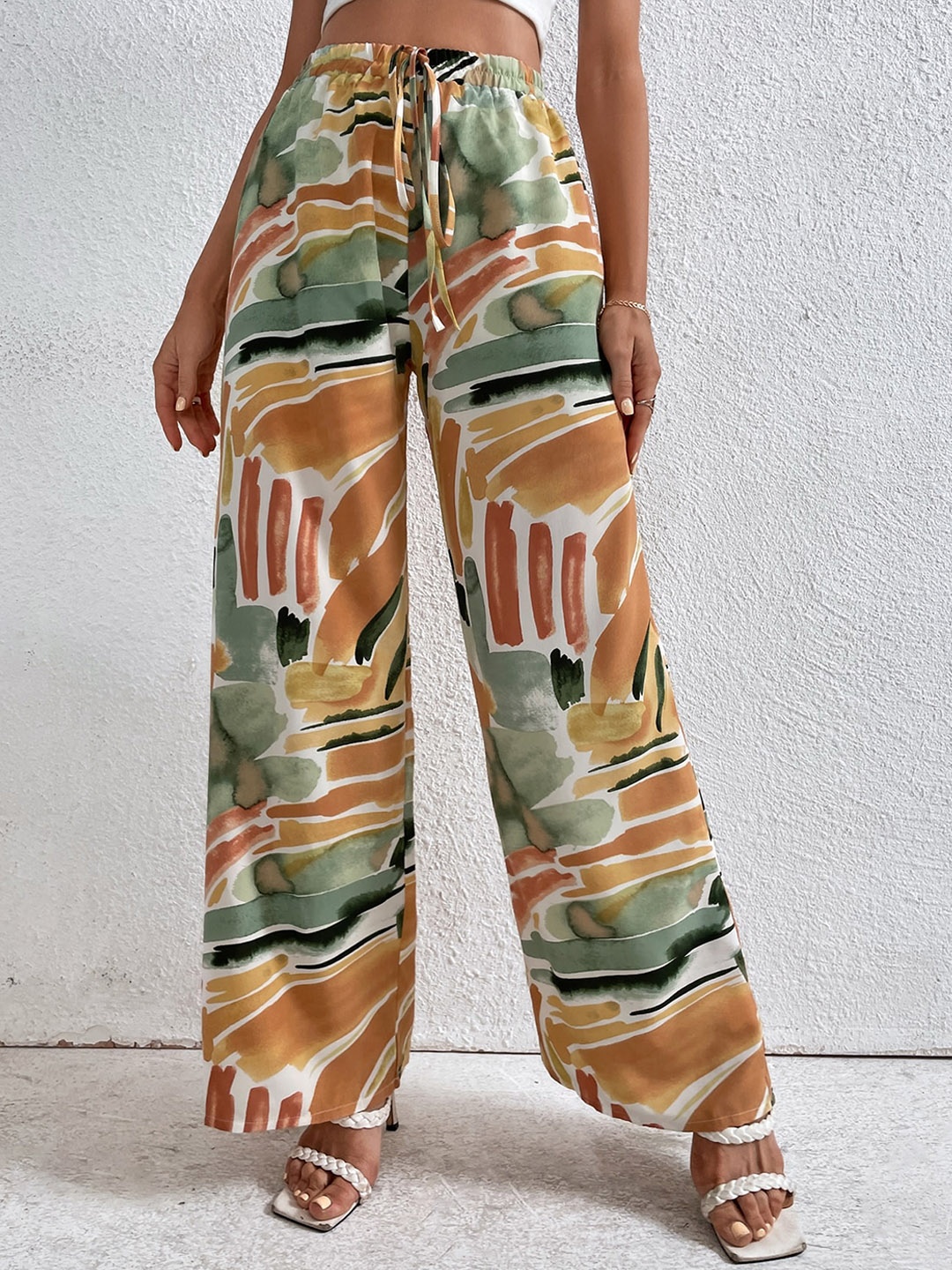 

Fashion Booms Women Abstract Printed High-Rise Parallel Trousers, Green