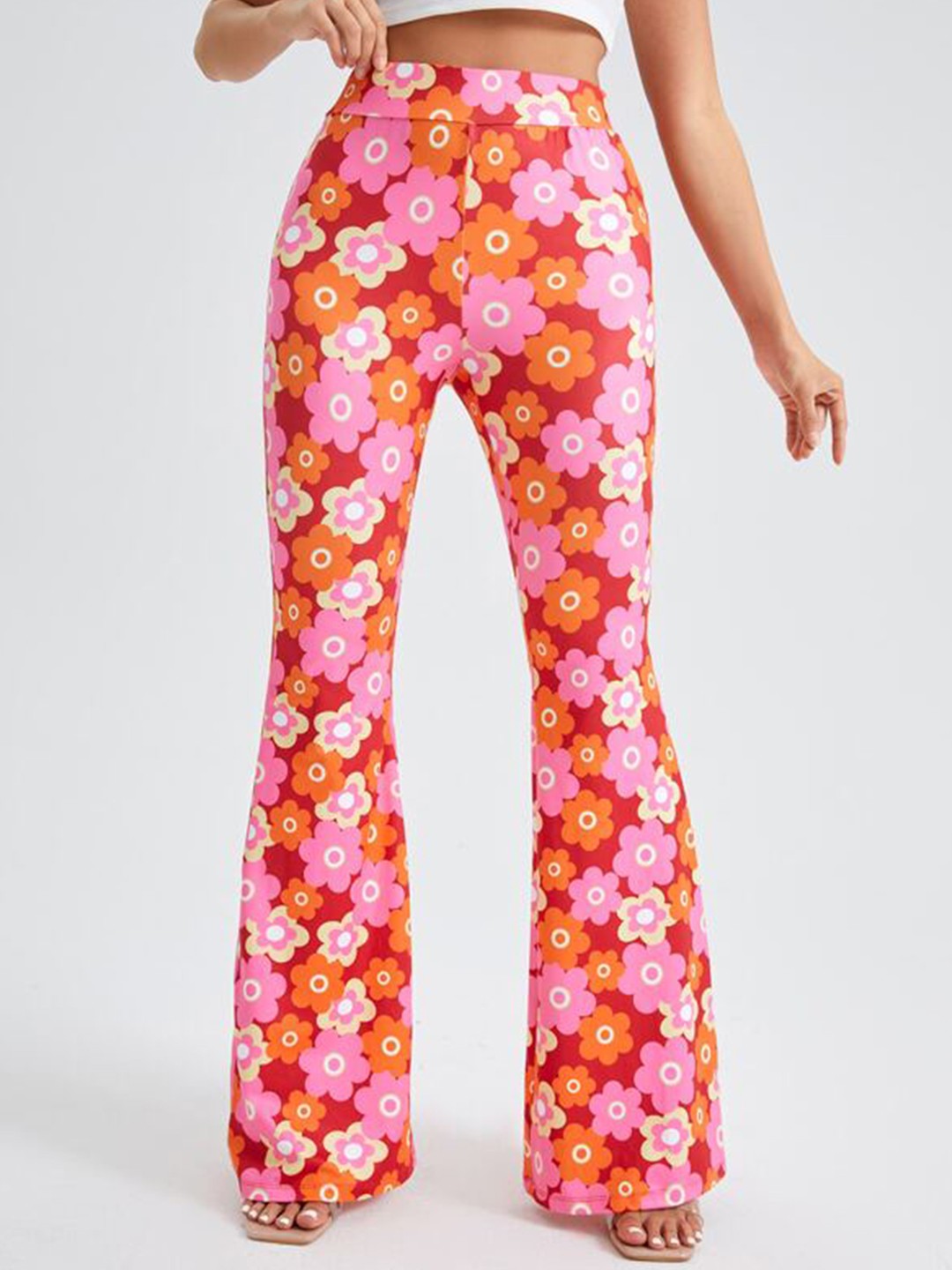

Fashion Booms Women High-Rise Floral Printed Bootcut Trousers, Pink