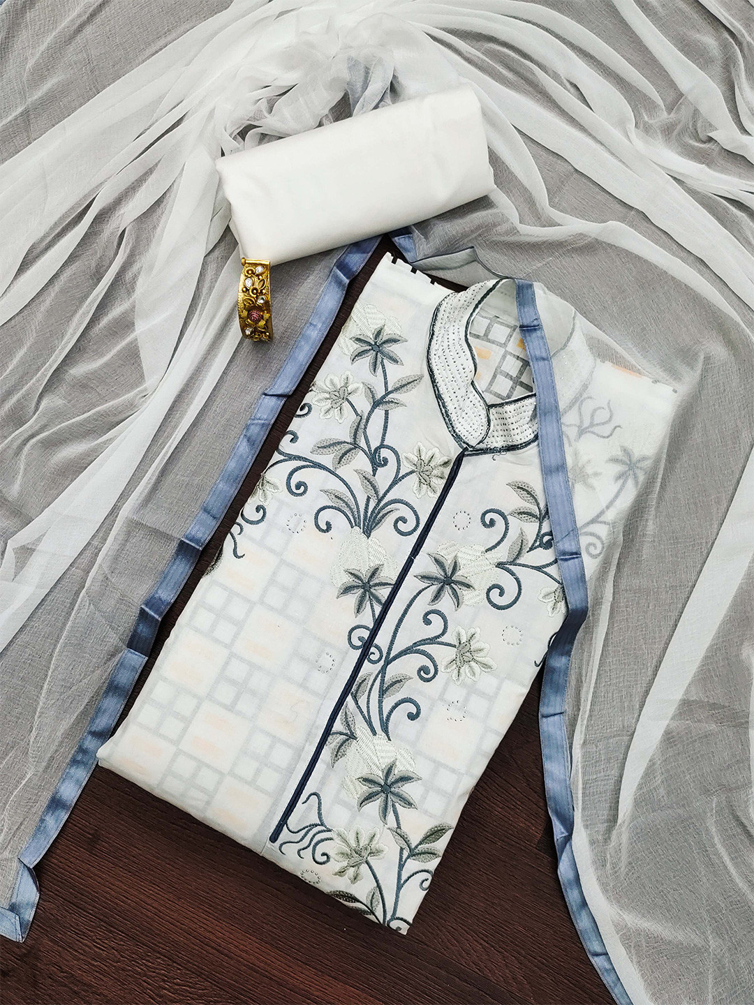 

KALINI Floral Embroidered Pure Cotton Unstitched Dress Material, White