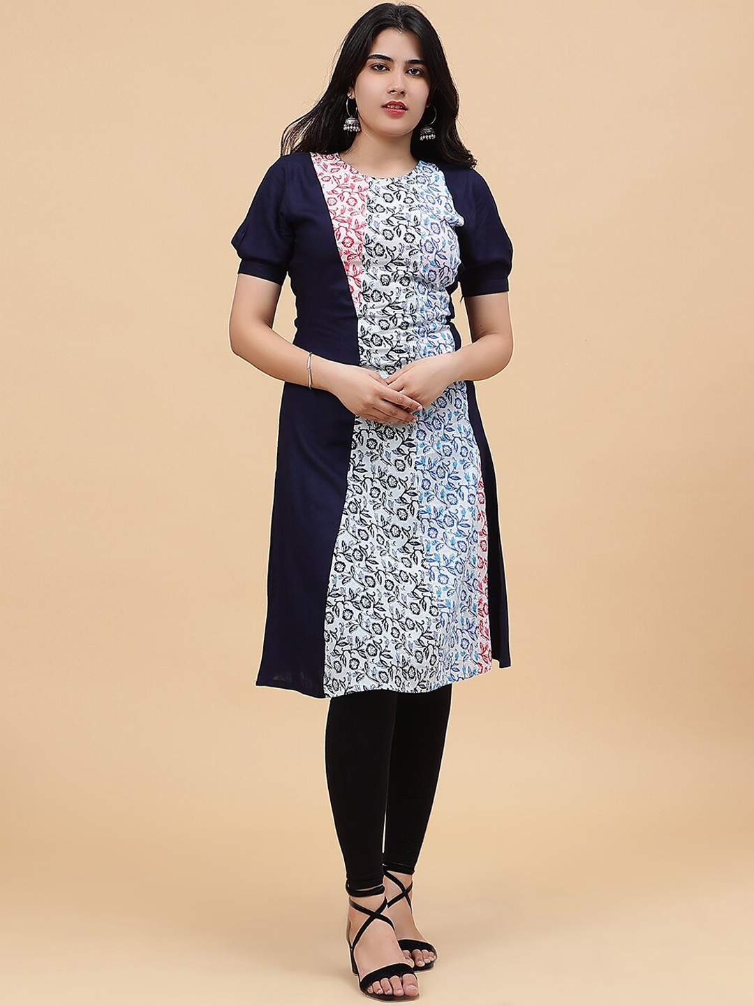 

See Designs Floral Printed Round Neck Puff Sleeve Cotton A-Line Kurta, Navy blue