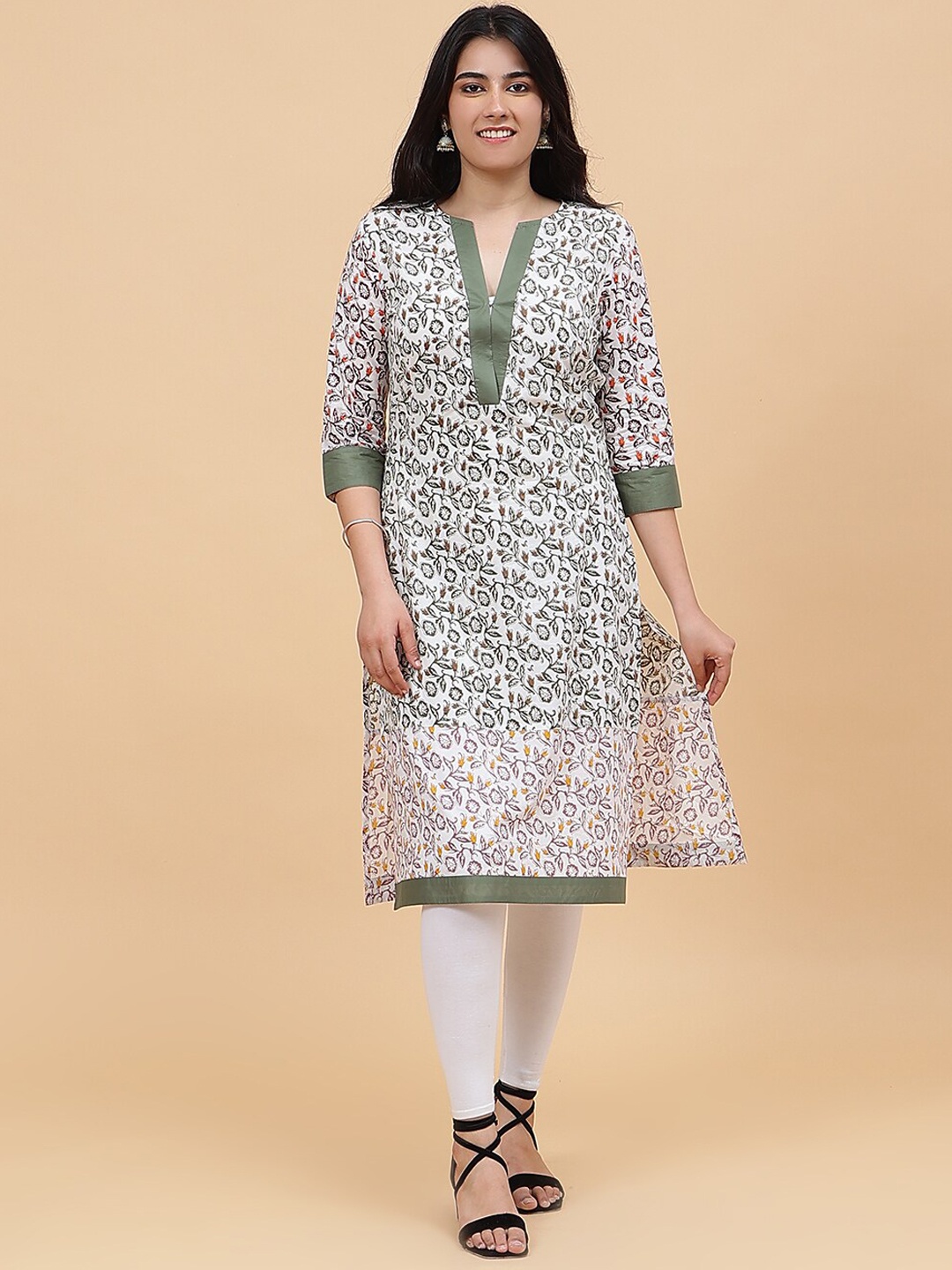 

See Designs Floral Printed Round Neck Cotton Straight Kurta, White