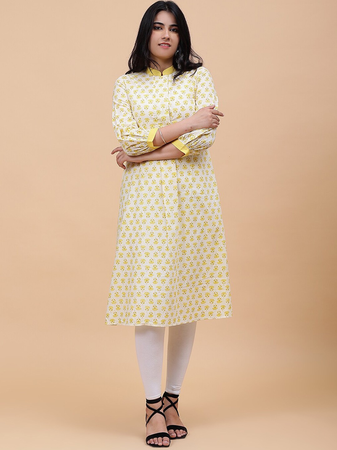 

See Designs Floral Printed Mandarin Collar Cotton Puff Sleeve A-Line Kurta, Yellow