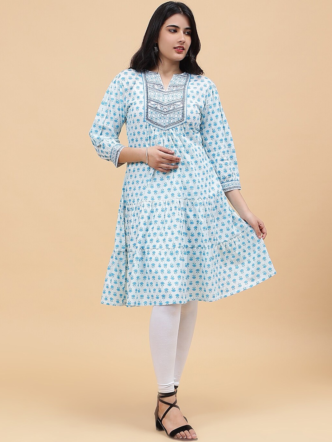 

See Designs Floral Printed Yoke Design Tiered Cotton A-Line Kurta, Blue