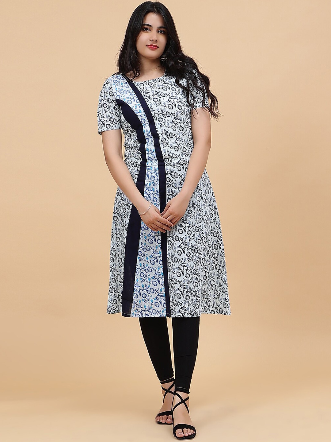 

See Designs Floral Printed Round Neck Cotton A-Line Kurta, White