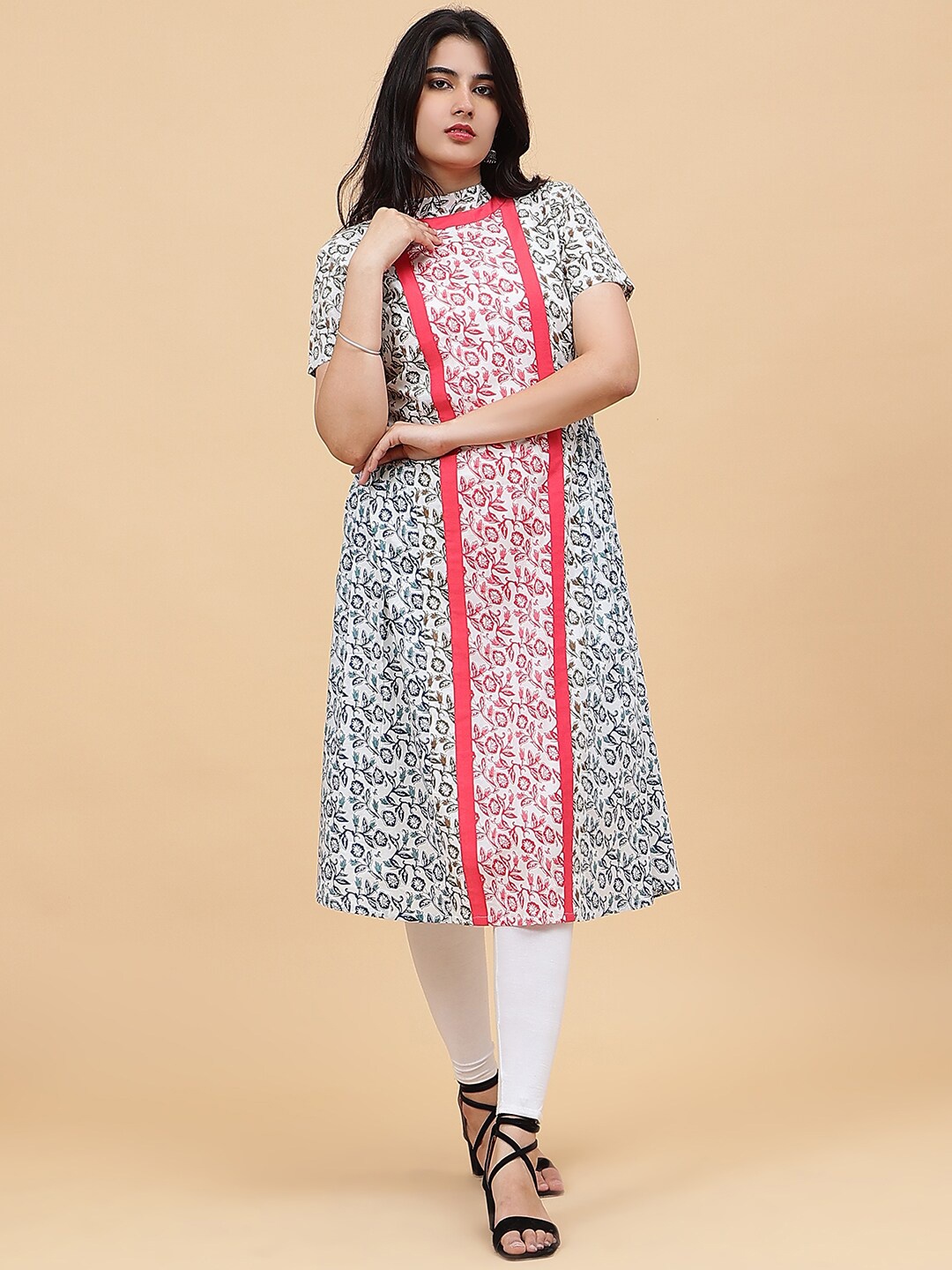 

See Designs Floral Printed High Neck Pure Cotton A-Line Kurta, White