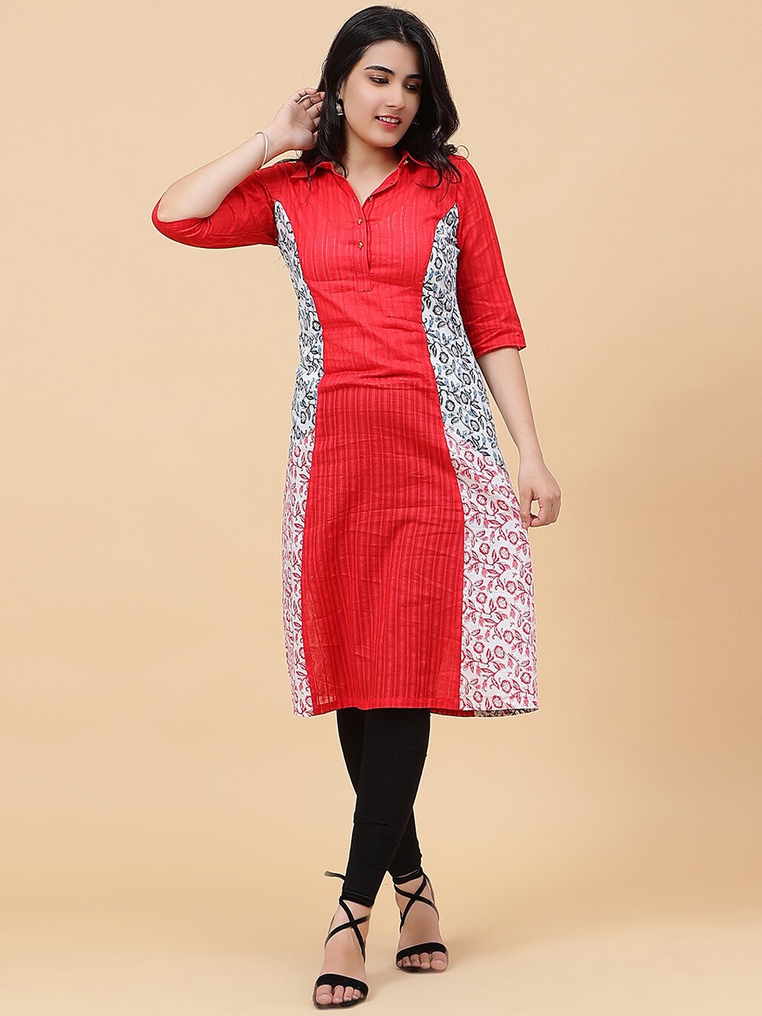 

See Designs Striped Printed Shirt Collar A-Line Kurta, Red